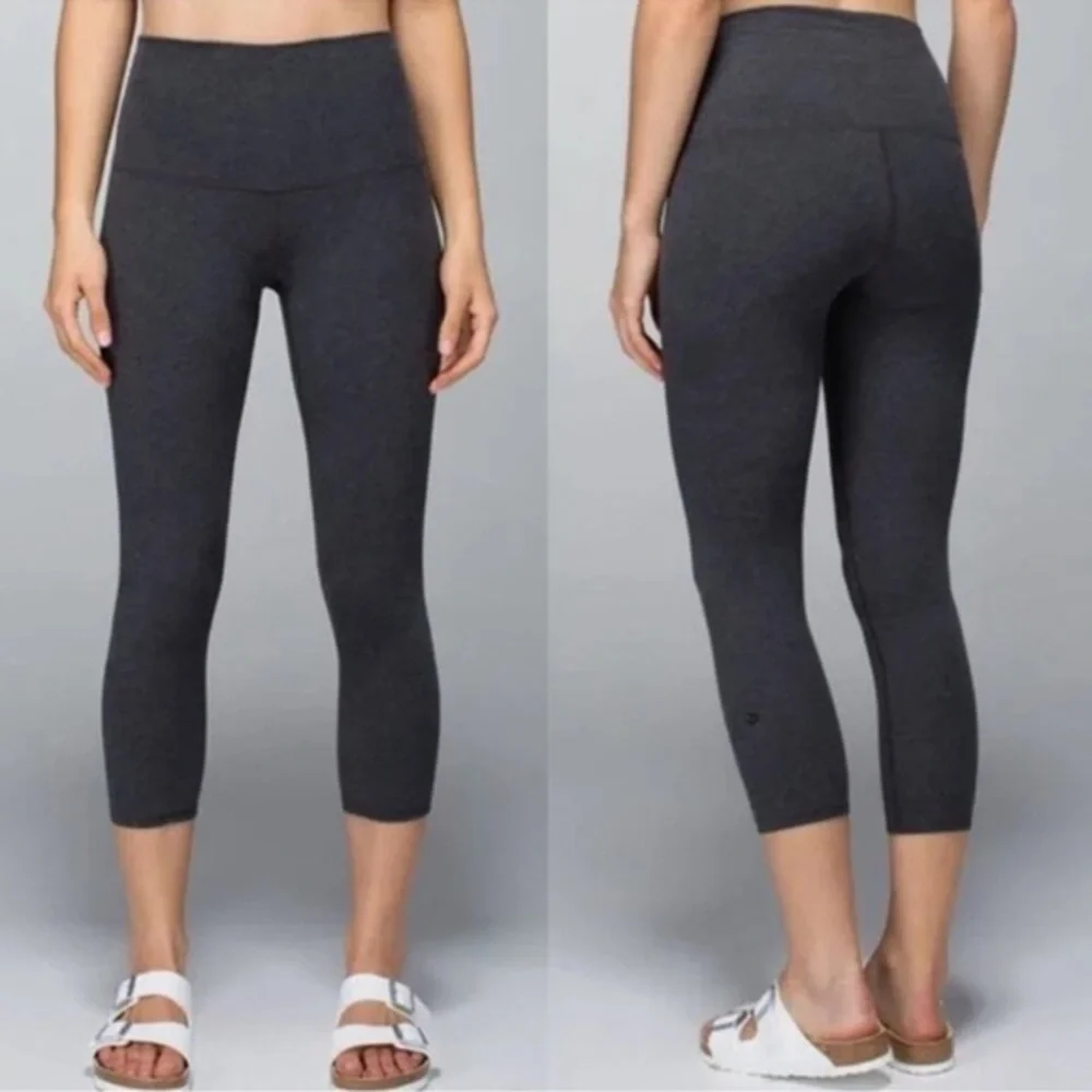 LULULEMON Wunder Under Crop Leggings Cotton Roll Down Pants Heathered Black Sz 4